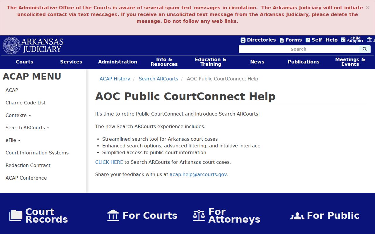 Arkansas Judiciary notice for the Search ARCourts migration used in probate research