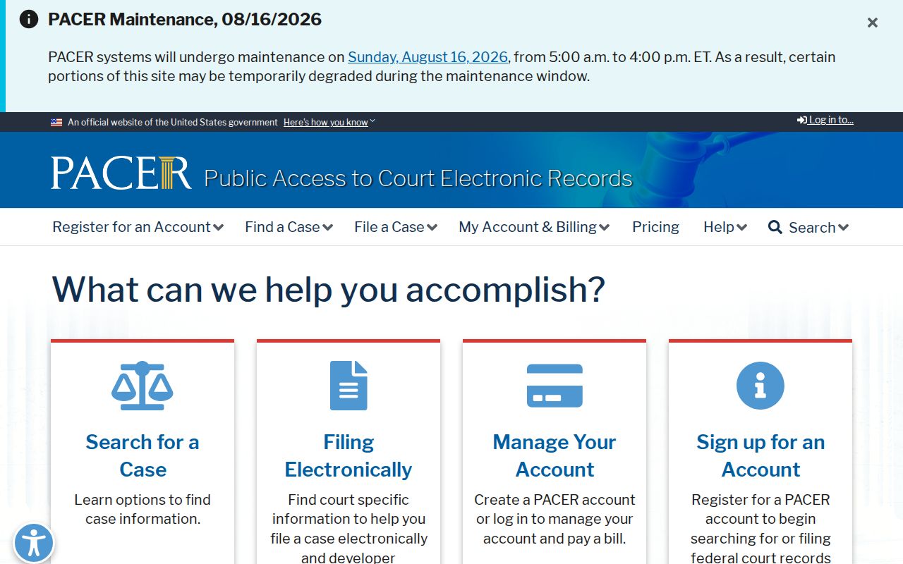 Washington County resident lookup through PACER federal court search