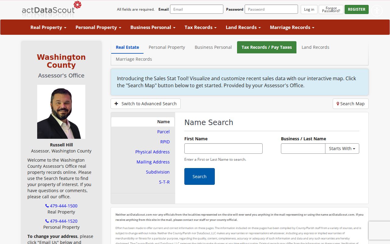 Washington County DataScout property search for address, owner, and parcel lookups